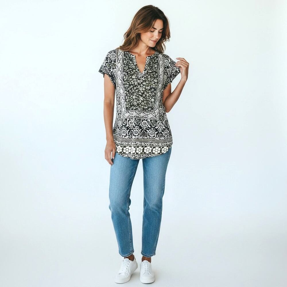 LUCKY BRAND Women's Boho Mixed Floral Print V-neck Knit Top M  Cotton/Modal